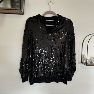 Zara Black Sequin Long Sleeve Collared Blouse Top Shirt Size Small